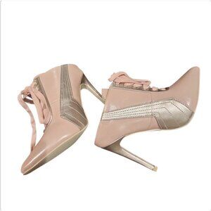 Lace-Up Pointed Toe Pink & Silver Stiletto Heel Mules With Side Stitching & Glos